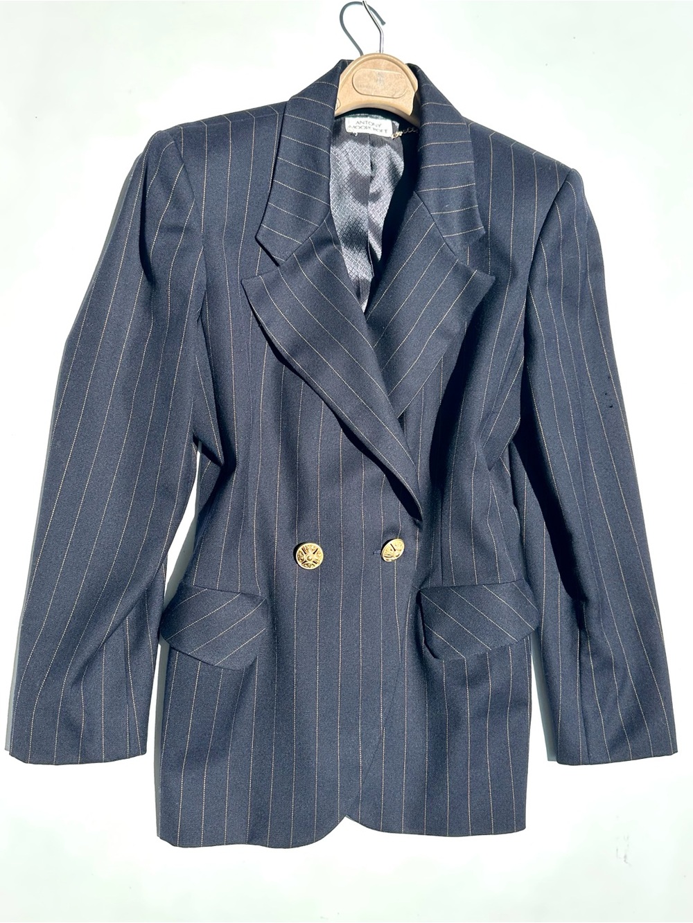 Vintage Antony Moorcroft Women's Pinstripe Wool Double-Breasted Blazer - Navy, L